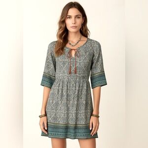 HOLLY BRACKEN Boho Chic 3/4 Sleeves Paisley Print Babydoll Dress Sage Green OS